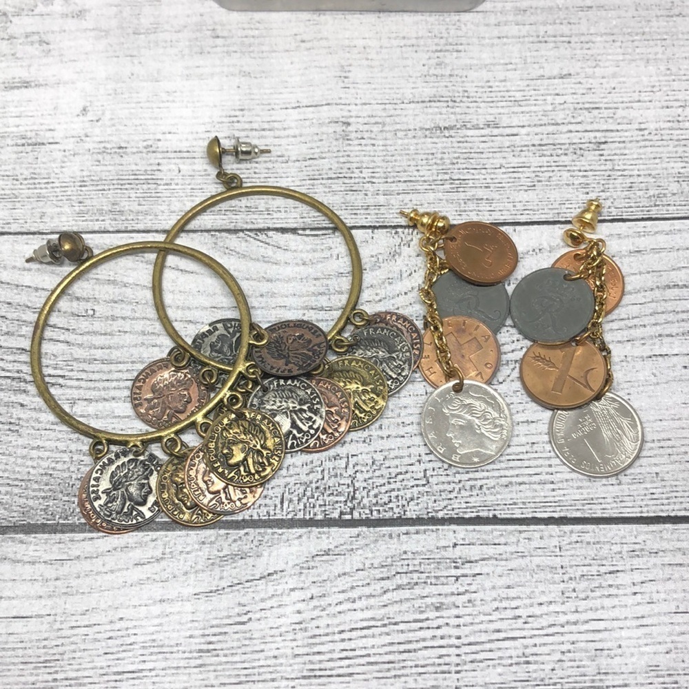 Curated bundle lot 2 coin charm boho style statement earrings long.